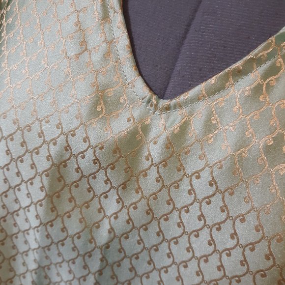 CHARMEUSE Boho Ruffled Blouse XL Mint green Gold Silky print Sexy V-neck Tie sle - Picture 5 of 12